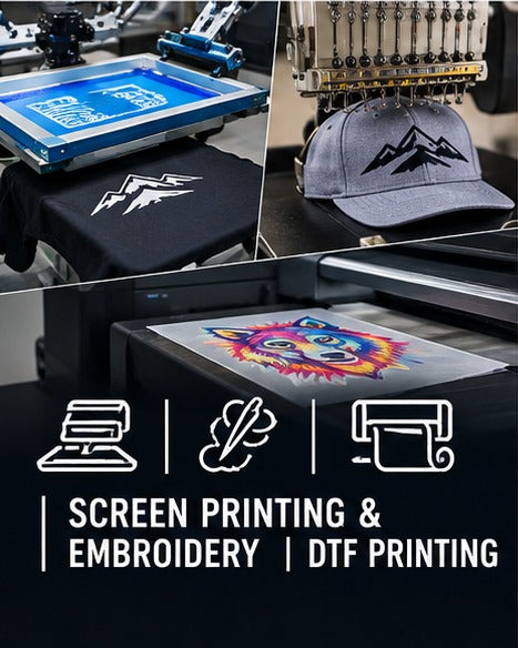 Screen printing, embroidery, and DTF